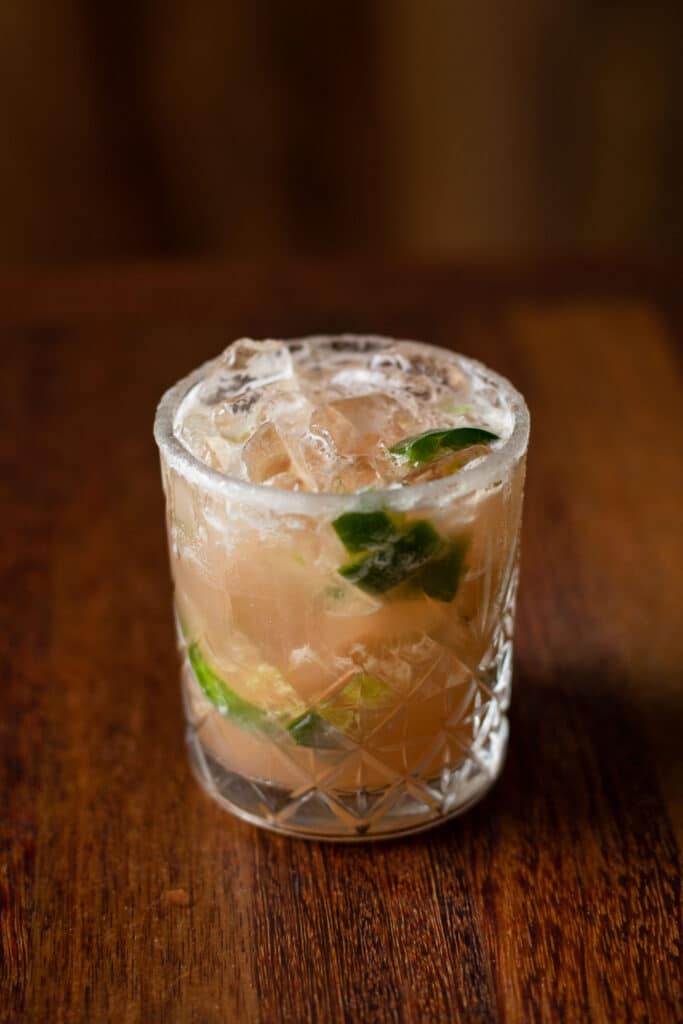 A sweet & spicy Brazilian treat; Velho Barreiro Cachaça, Lillet Blanc, watermelon syrup, fresh limes, jalapenos and a sugared rim