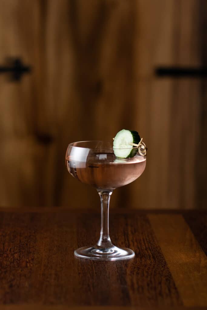 Your Bond girl martini; Bar Boss™ Vodka, watermelon cucumber mint gin, rosé vermouth and fresh cucumber