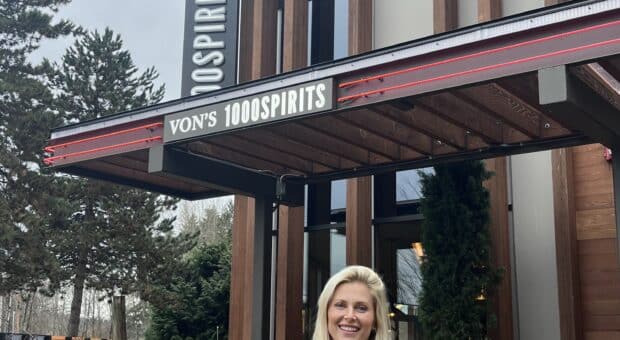 Missy Claridge in front of Von's 1000Spirits in Woodinville on opening day.